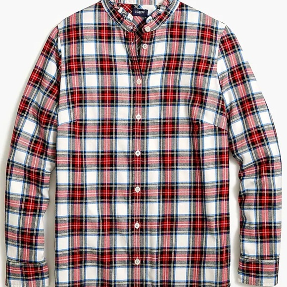 J. Crew Flannel shirt with ruffle collar in white out plaid/multi Size L EUC - Picture 3 of 5